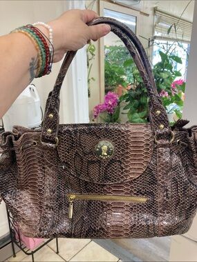 Vecceli Italy Brown Snake-Embossed Shoulder Bag with Gold Hardware